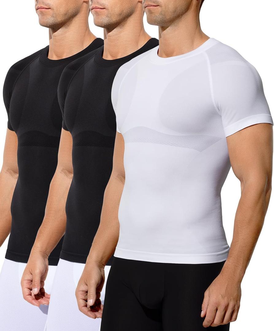 Casey Kevin Men's Compression Shirt Tank Top Slimming Body Shaper Vest Tummy Control Shapewear Undershirt for Men 3 Pack (X-Large, Black*2/White*1)