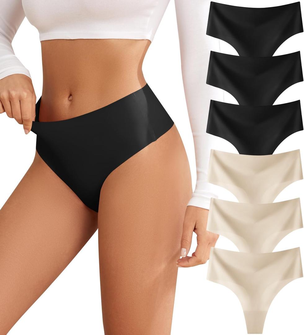 Thongs for Womens High Waisted Seamless for Women Underwear Sexy Breathable Panties 6 Pack (Large)