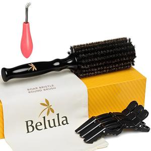 Belula 100% Soft Boar Bristle Round Brush for Blow Drying Set. Round Hair Brush With Medium 2.1 Wooden Barrel. Hairbrush Ideal to Add Volume and Body. Free 3 x Hair Clips & Travel Bag.