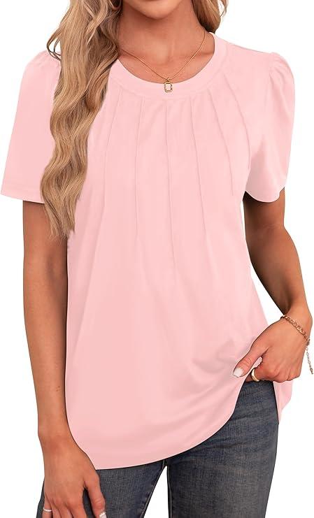 Agnes Urban Womens Tops Dressy Casual Short Sleeve Shirts Summer Loose T Shirts Trendy Tops Pleated Tunic Blouses RoseRed Size Large
