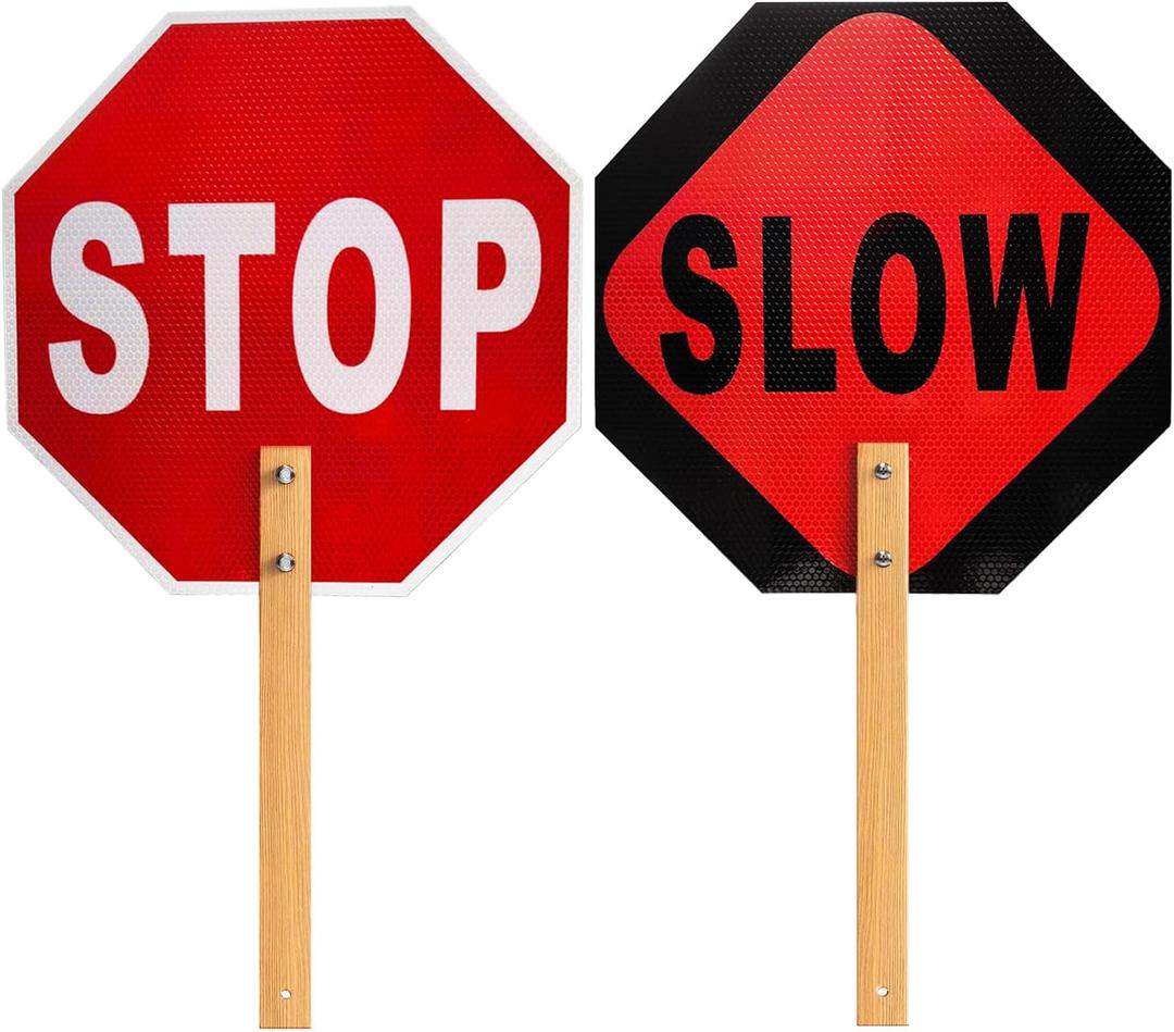 Stop Slow Sign - Double Sided Street Slow Warning Metal Reflective Signs, 13x13in Octagon Rust Free Aluminum, with Bamboo Handle, Waterproof, Easy to Assemble(1PCS)
