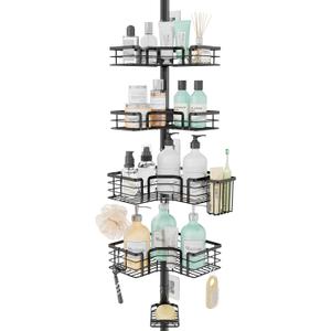 SWTYMIKI Shower Caddy Tension Pole - 4-Tier Corner Shower Organizer Tension Rod with Soap Holder, Toothbrush Holder & 4 Hooks, Adjustable Stainless Steel Bathroom Organizer 27.6 to 108.3 inch, Black