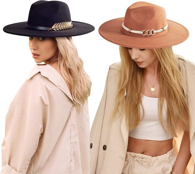 2 Pack Wide Brim Stylish Felt Panama Hats for Women & Men - Classic Fedora Hats With Belt Buckle 