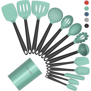 Coukre Silicone Kitchen Cooking Utensils Set with Holder Heat-Resistant, Food-Grade Kitchen Tools, Spatula, Spoon & Gadgets for Non-Stick Pans, Dishwasher Safe (14, AquaGreen)