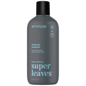 ATTITUDE Shower Gel Body Wash for Men, 98% Natural Origin Ingredients, Paraben & Phthalate Free, EWG Verified, Cleanses Without Drying, Eucalyptus & Sage,14 Fl Oz