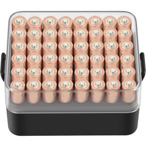 ALCYON Battery Organizer Storage Case, Battery Vault Box Container for 48pcs AAA Batteries, Plastic Clear Protective Battery Holder for Travelling/Home/Office (Black, Small)