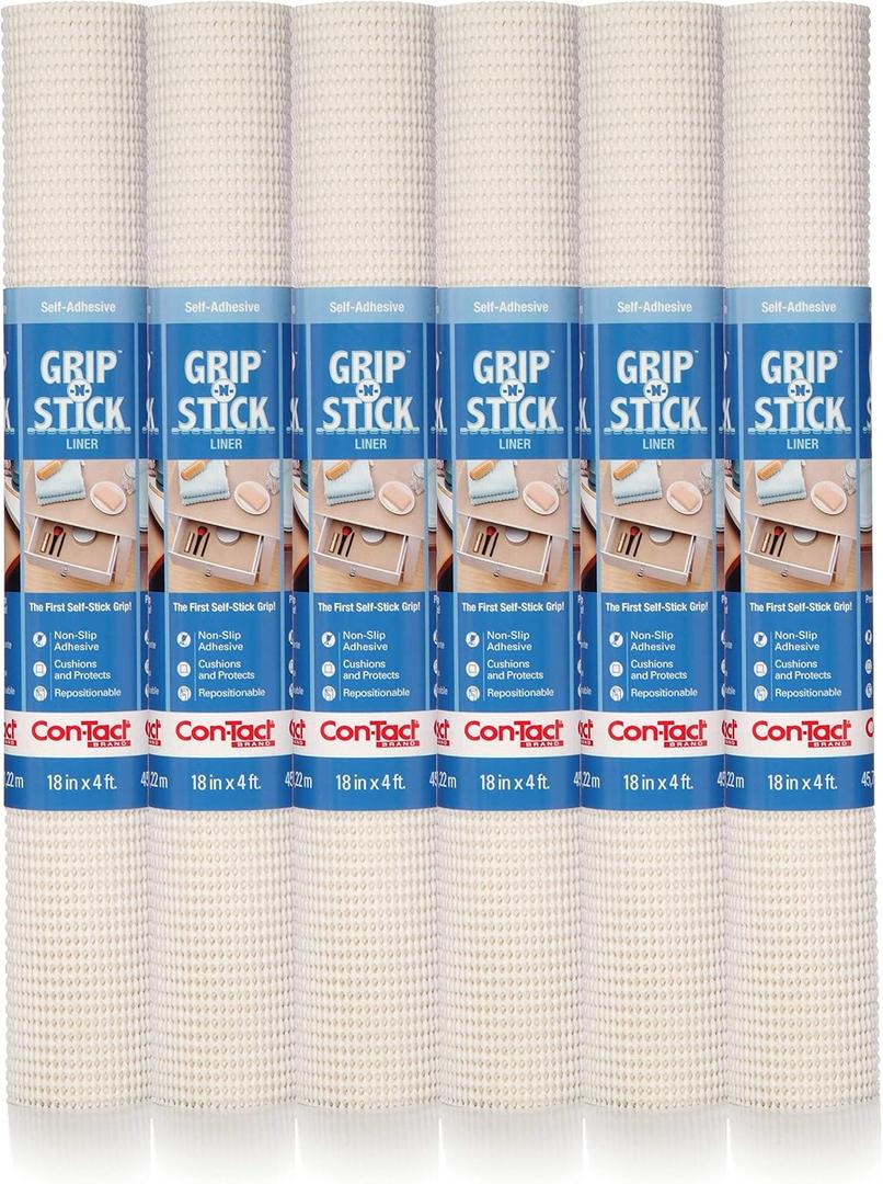 Con-Tact Brand Grip-N-Stick Durable Self-Adhesive Non-Slip Shelf and Drawer Liner, 18" x 4', White, 6 Rolls
