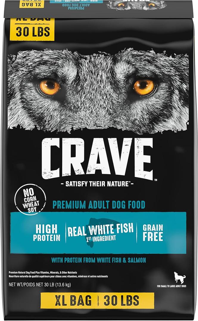 CRAVE Grain Free High Protein Adult Dry Dog Food, White Fish & Salmon, 30 lb. Bag (EXP 08/14/26)