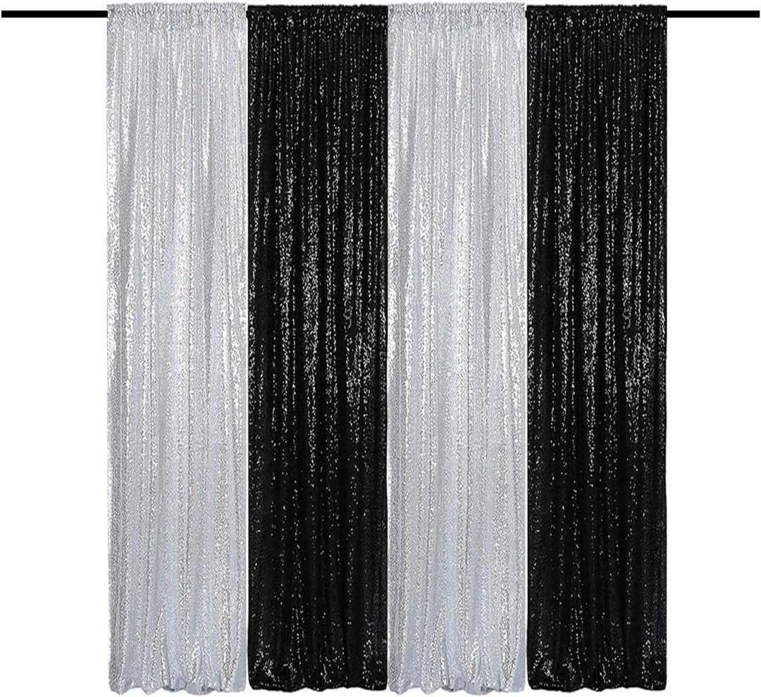 Sequin Backdrop Curtains 2FTx8FT 4 Panels Glitter Drapes Sparkly Photography Background for Wedding Birthday Party Bridal Baby Shower (Silver x 2+Black x 2)