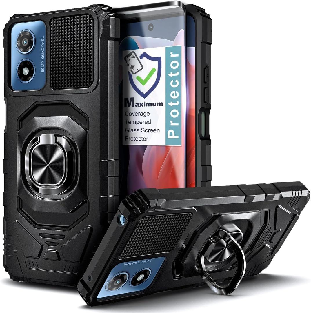 Designed for Motorola Moto G Play 2024 Case, Black | Full-Body Protective [Military-Grade] Ring Holder Phone Cover with Tempered Glass Screen Protector