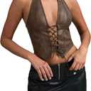 SOLY HUX Women's PU Leather Halter Top Lace Up Sleeveless Backless Y2k Crop Tank Tops S