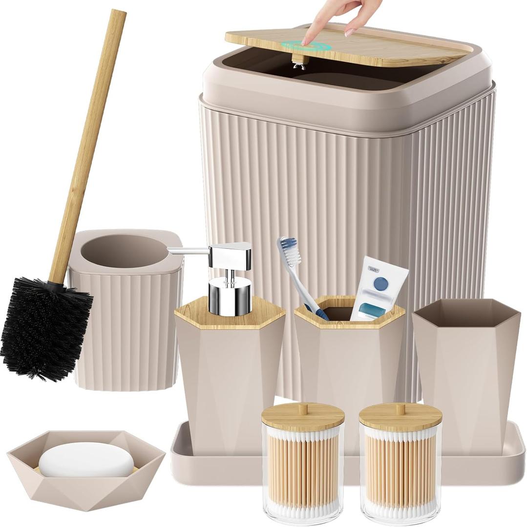 Bathroom Accessories Set - Unbreakable Beige Bathroom Set, Trash Can, Toilet Brush with Holder, Soap Dispenser, Toothbrush and Toothpaste Holder, Tumbler, Soap Dish, Qtip Holders, Tray, Bamboo Decor (9 Pieces)