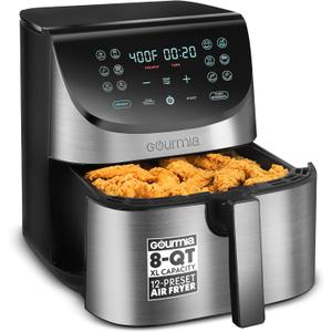 Gourmia Air Fryer - 8 Qt Extra Large Capacity, FryForce360, Digital Display with 12 Presets, Roast, Bake, Broil, Dehydrate, Dishwasher Safe Accessories, Stainless Steel, 8 Quart