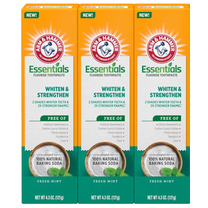 ARM & HAMMER Essentials Whiten & Strengthen Fluoride Toothpaste-3 Pack of 4.3oz Tubes, Fresh Mint- 100% Natural Baking Soda- Fluoride Toothpaste