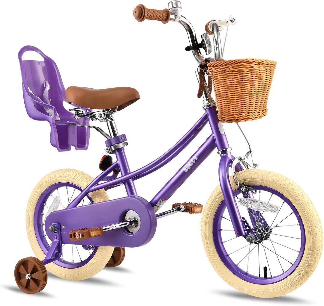 RULLY Donna Kids Bike for Girls Ages 2-7 Years, 12 14 16 Inch Princess Girls Bicycle with Doll Bike Seat, Training Wheels, Basket and Streamers, Kids Cycle Bikes, Multiple Colors (Purple)