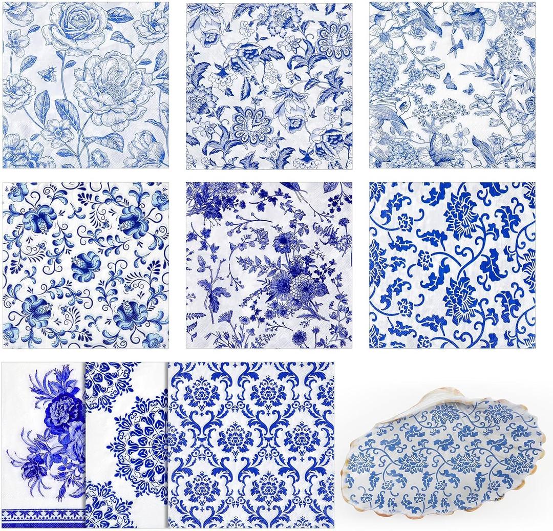 Crtiin 36 Pack 9 Styles Decoupage Napkins Assorted Floral Decorative Decoupage Napkins Chinoiserie Cocktail Paper for DIY Crafting Birthday Party, Each Unfolded 13 Inch(Blue and White Floral)