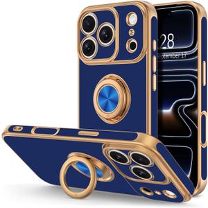 Hython for iPhone 17 Pro Max Case with Ring Stand, 360 Rotatable Ring Holder Magnetic Kickstand, Plating Rose Gold Edge Soft Cover Protective Phone Case for iPhone 17 Pro Max 6.9", Blue