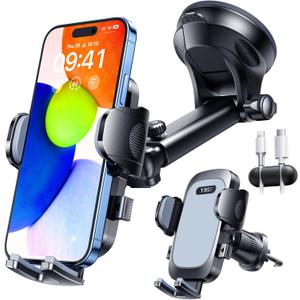 True Military-Grade & 360 Degrees Rotatable Suction 2025 YRU Ultimate Car Phone Holder Mount 90+LBS Safest Strongest Patent Certs Dashboard Windshield Vent for iPhone 16 15 Pro Max Samsung, Light Grey
