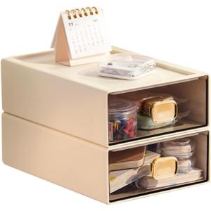 2PACK Stackable Desktop Storage Organizer Plastic Desk Organizer with Drawer Stacking Drawer for Pantry, Locker, Makeup, Vanity, Garage and Small Organization(M - 1 Drawer, Cream White)