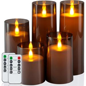 Homemory Realistic Flickering Flameless Candles, Battery Operated Candles, LED Fake Electric Candle with Remote Control and Timer for Home, Christmas Decoration, Grey, Set of 5 (D3"xH4"5"6"8"8", Gray)
