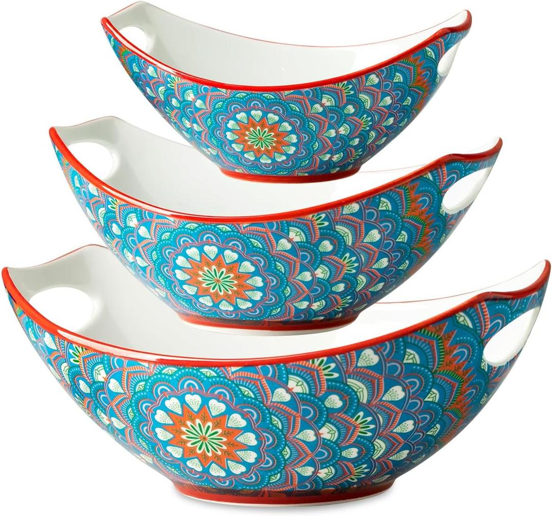 LAUCHUH Serving Bowls with Handles, Bohemian Porcelain Serving Dishes for Entertaining Colorful Nesting Bowls Salad Bowls for Kitchen, Thanksgiving, Christmas, Set of 3, 15/28/49 oz, Blue and Red