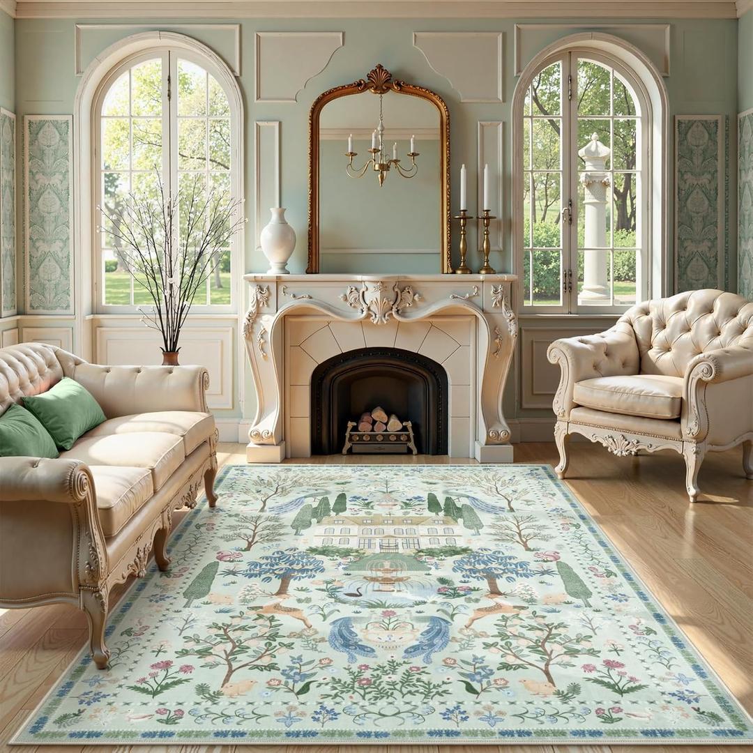 LIVEBOX Area Rug 6x9 Rug for Living Room, Machine Washable Rug for Bedroom, Large Floral Dining Room Rugs Non-Slip Low Pile Farmhouse Carpet for Living Room, Nursery Room, Playroom, Green