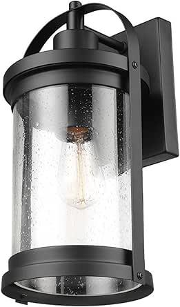 Xavier 1-Light Matte Black Hardwired Outdoor Indoor Wall Lantern Sconce with Seeded Glass Shade