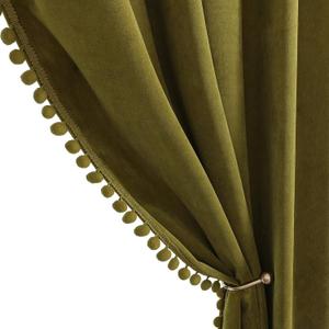 Benedeco Olive Green Velvet Curtains for Bedroom Window with Pom Pom, Super Soft Luxury Drapes, Room Darkening Thermal Insulated Rod Pocket Curtain for Living Room, W52 by L96 inches, 2 Panels