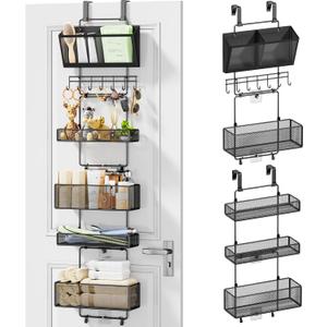 HapiRm Over Door Organizer Hanging - 6 Tier Over The Door Storage with Visual Pockets & Hooks, with 4 Metal Large Capacity Baskets for Bathroom Bedroom Kitchen Pantry Cabinet (Hooks Style, Black)