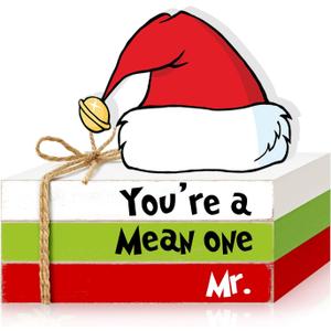 Christmas Wooden Table Signs, Christmas Tiered Tray Decor Faux Books Stack Decorative Tabletop Sign, Green Red White Farmhouse Holiday Decor for Home Mantle Shelf Home Decorations You're a Mean One