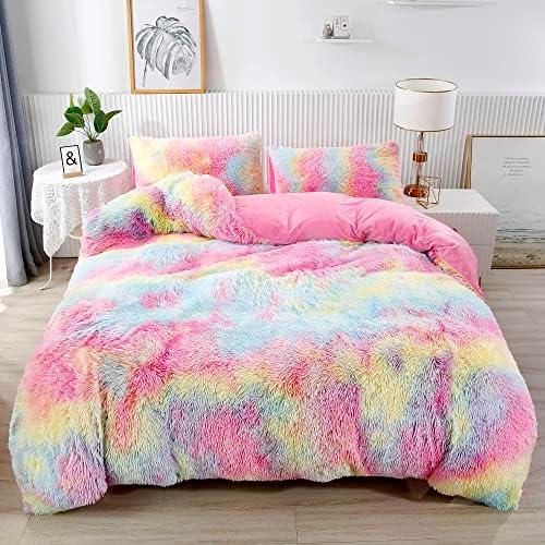 RYNGHIPY 3Pcs Rainbow Girls Bedding Sets Twin Size Ultra Soft Long Hair Plush Shaggy Duvet Cover with Pillowcases Colorful Tie Dye Bedding Set with Hidden Zipper Closure (Colorful Pink,Twin)