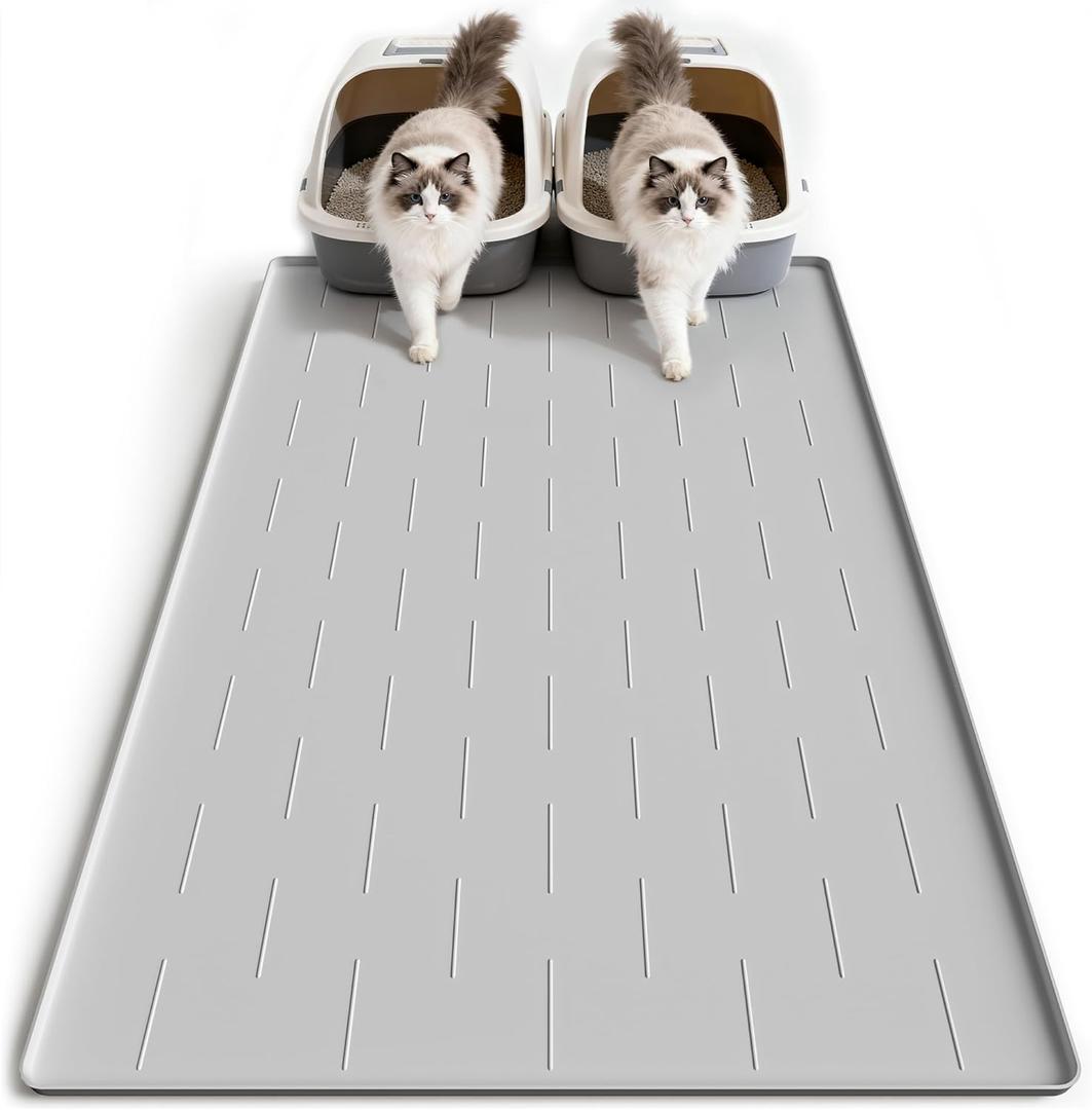 Pieviev Silicone Cat Litter Trapping Mat, 40''x28'' Extra Large Cat Litter Mat, Easy to Clean & Soft on Kitty Paws, Waterproof Kitty Litter Pads for Indoor Cats, Light Gray