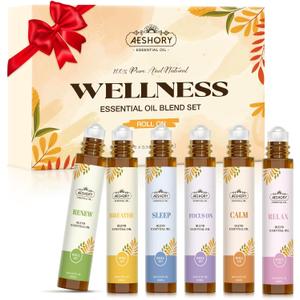 Essential Oils Roll On Set,Gifts for Mom & Wife (Calm, Relax, Breathe, Focus on, Sleep, Renew), Natural Aromatherapy Oil Blend Kit with Roller Ball for Massage, Body Skin Care, Relaxation Gift