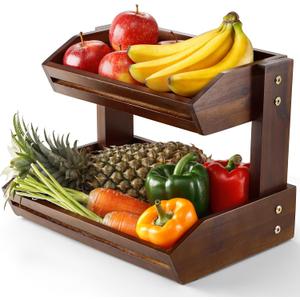 HOLANA Acacia 2 Tier Fruit Basket for Kitchen Counter Organizer  Wooden Fruit Bowl & Wooden Basket for Kitchen Counter Storage, Vegetable Produce Storage & Snack Organizer for Countertop (Walnut)