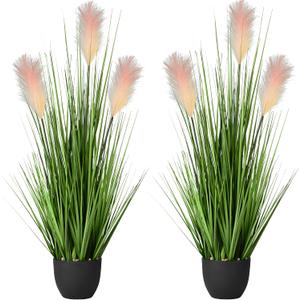 2 Pack Artificial 34" Greenery Floor Plants with Reed Flowers, Tall Fake Plant Potted, Faux Pampas Grass Plants for House Decorations, Lobby, Bathroom, Wedding, Garden Indoor Outdoor(Yellow Gradient)