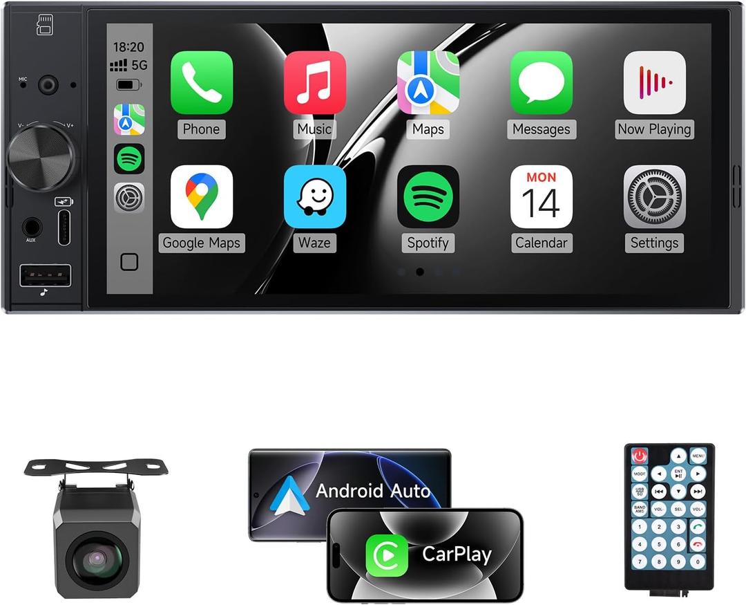 Single Din Car Stereo with Carplay Android Auto,6 Inch in-Cell Touch Screen, Car Radio Stereo with Backup Camera Support Mirror Link Bluetooth Handsfree FM USB EQ SWC