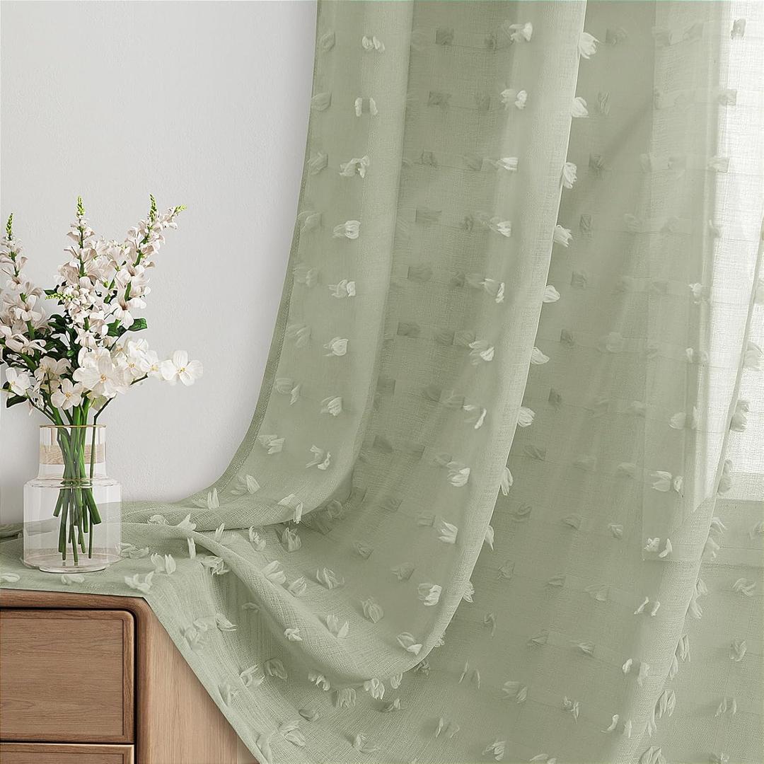 Sage Green Sheer Curtains 54 Inches Long for Living Room Bedroom Boho Pom Pom Curtains 2 Panels Set, Back Tab Rod Pocke Curtain Easy to Install Semi Sheer Modern Aesthetic Drape,52x54