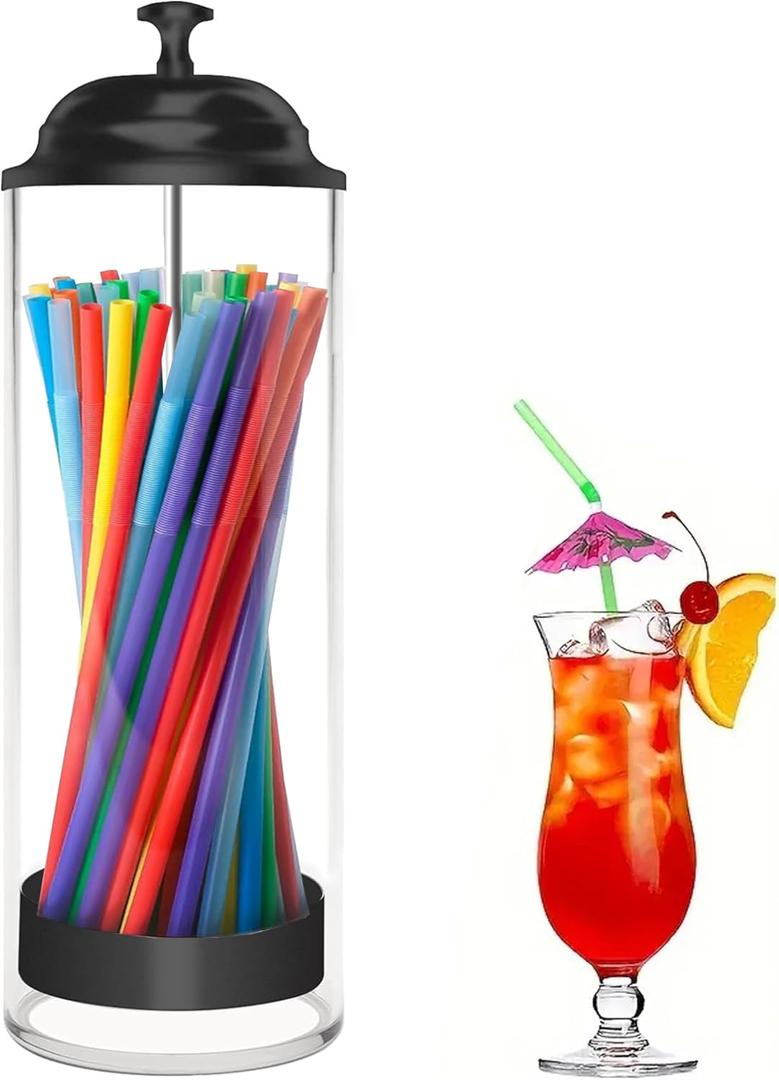 Straw Holder for Standard Size Drinking Straws, Plastic Straw Dispenser for Counter with Lid Black Transparent Drinking Straw Holder (Straws Not Include)