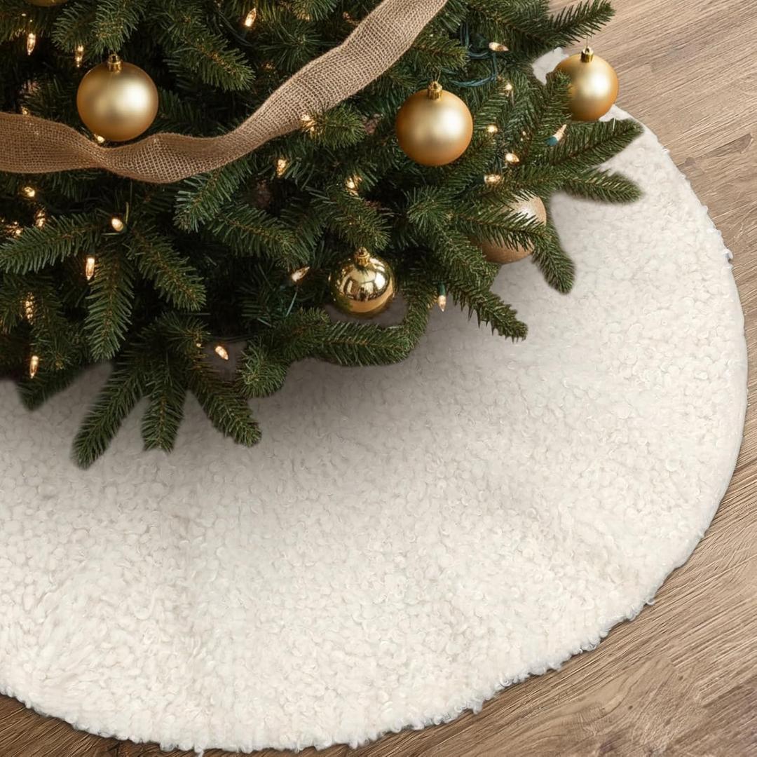 36 Inch Cream White Christmas Tree Skirt Farmhouse Rustic Neutral Christmas Tree Decorations Soft Fluffy Plush Faux Fur Sherpa Fabric Trees Skirt Rug for Home Winter Xmas Party Supplies