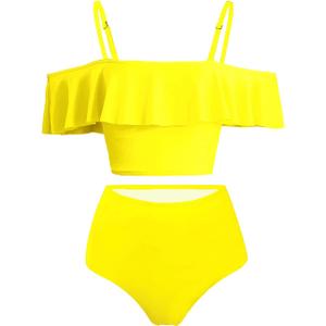 Kaei&Shi High Waisted Flounce Bikini Set,Tummy Control Swimsuits for Women,Off Shoulder (X-Large, Pure Yellow)