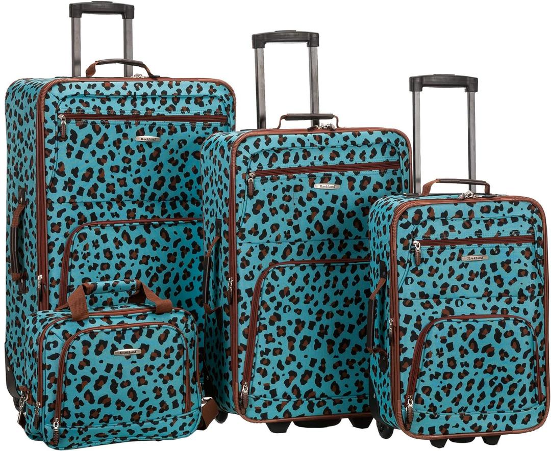 Rockland Fashion Softside 4 Piece Luggage Set, Expandable, (14" Tote/19"/24"/28"), Blue Leopard