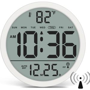 WallarGe Atomic Wall Clock - Never Needs Setting, Digital Wall Clock Battery Operated with Date, Temp, DST, Self-Setting Time, Easy to Read 8 Inch Display for Bedroom, Living Room, Home, Office