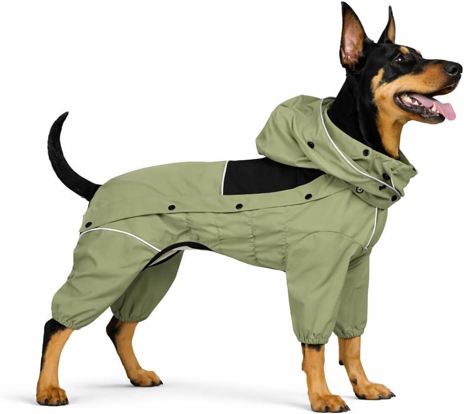 LOVELONGLONG Fleece-Lined Dog Raincoat with Removable Hood Waterproof Winter Full Body Dog Jacket Windproof Snowproof Cold-Weather Suit Green-F 3XL