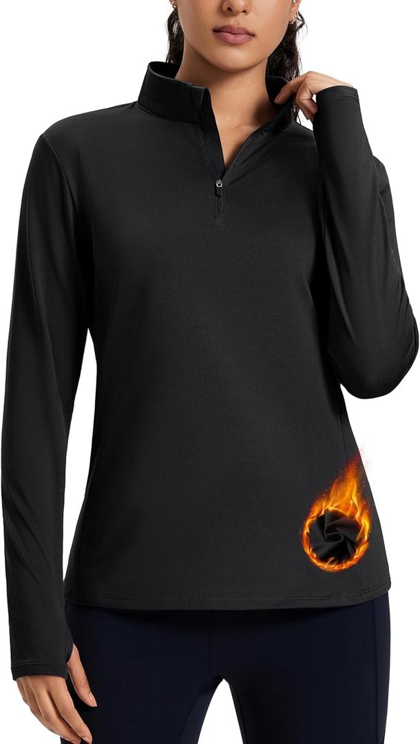 MAGCOMSEN Women's Quarter Zip Fleece Pullover Thermal Shirts with Zip Pocket Workout Running Tops Thumb Holes (X-Large, Black)