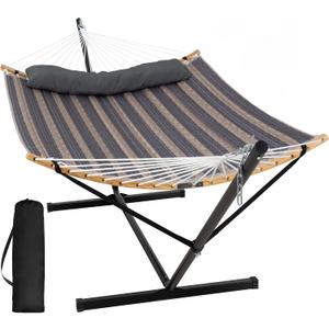 SUNCREAT Hammocks for Outside with Stand Included, Double Hammock with Curved Spreader Bar, Carrying Bag, Gray Stripes