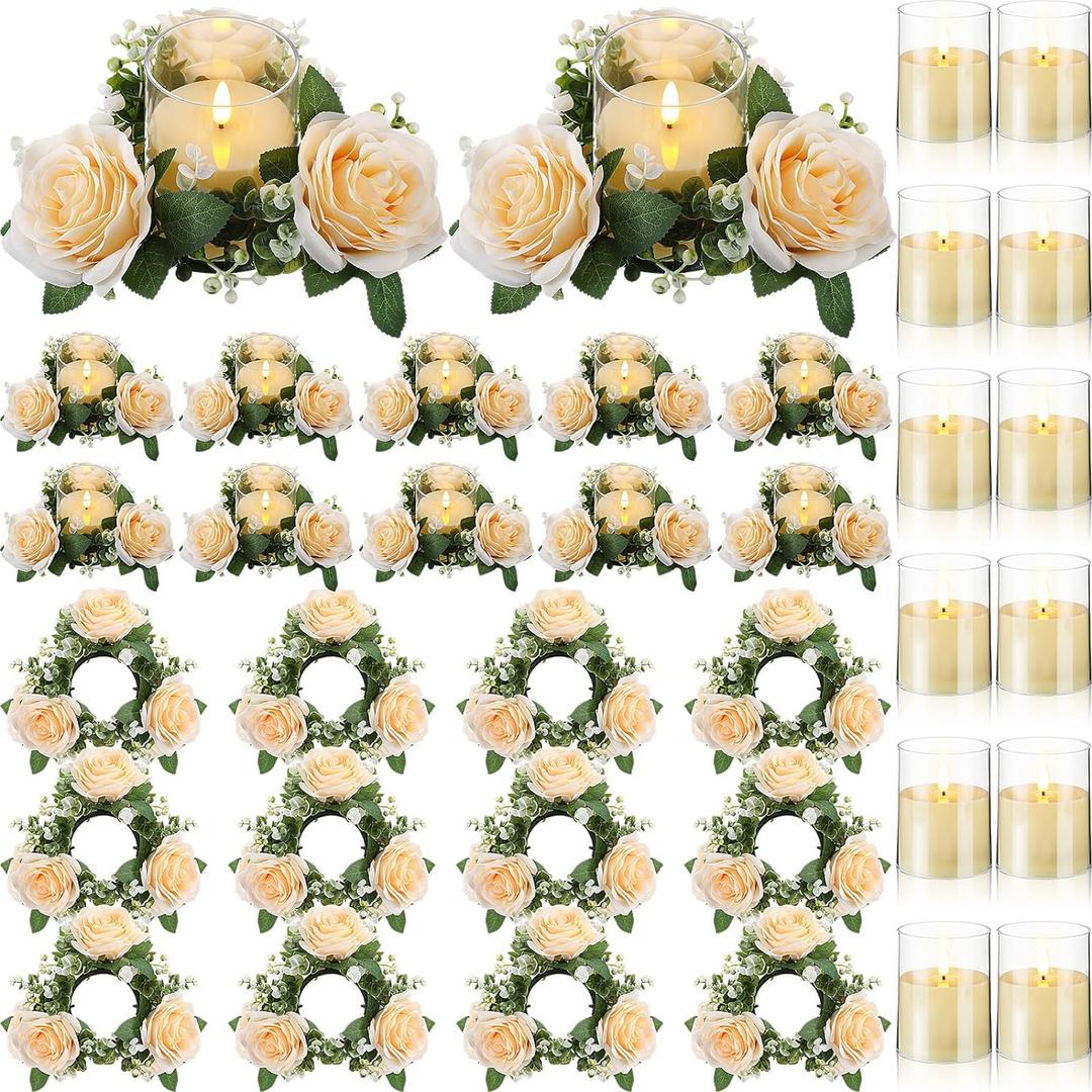 Yunlly 12 Pcs Rose Candle Rings with Flameless Candles Sets, Artificial Flower Eucalyptus Wedding Centerpiece 3 Inch Pillar Candleholders Wreaths for Wedding Party Mother's Day (Champagne)