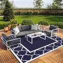 GENIMO 10 ' x 10 ' Outdoor Rug Waterproof for Patio Decor, Foldable Reversible Plastic Straw Area Rugs Mat for Camper, Outside Carpet for Rv, Deck, Porch, Picnic, Beach, Balcony, Blue & White