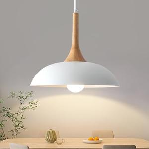 GUIHUALOVE White Pendant Lights Kitchen Island, Modern Pendant Light with Wood Cap, 13.8 inch Dome Pendant Light for Kitchen, Dining Room, Living Room