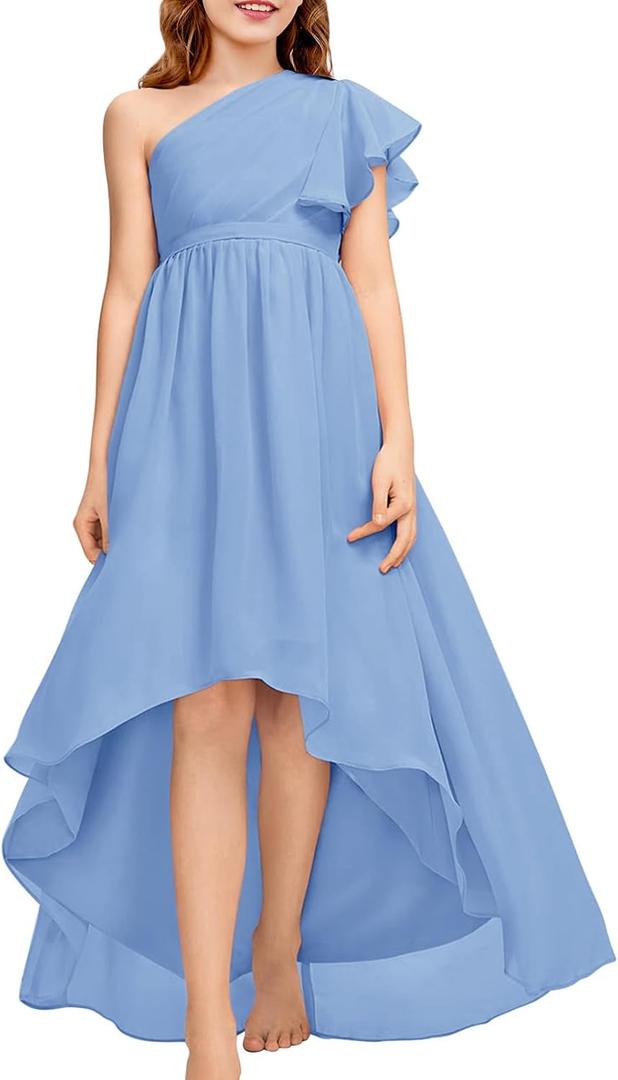 rrhss Flower Girls One Shoulder Ruffle Dresses Flowy A-line Twirl Sleeveless Dress Cute Wedding Prom Party Gowns (Blue)