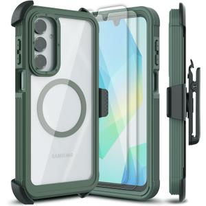 for Samsung Galaxy A16 5G Case, [Transparent & Holster Series] Belt Clip Full Body Shockproof Protective Cell Phone Cover with 2 Pack Tempered Glass Screen Protector (Dark Green/Clear)